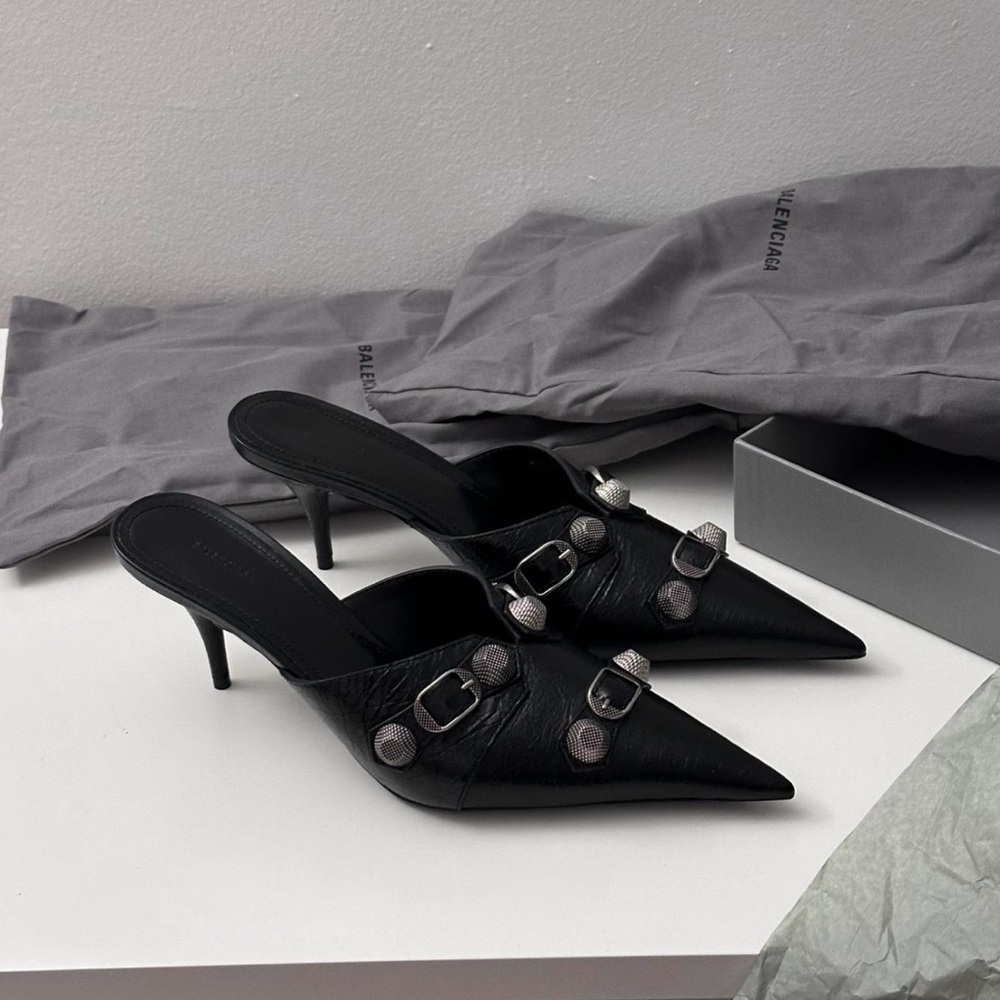 Balenciaga Cagole Black Leather Pointed Toe Mule Heels